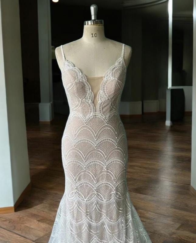 Vintage Lace Mermaid Wedding Dress - Elegant Bridal Gown with Scalloped Train - Mermaid Silhouette Bridal Dress - Romantic Wedding Gown