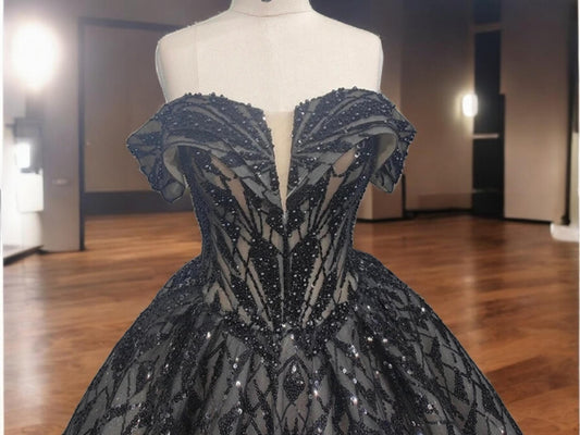 Robe de bal élégante à paillettes noires de luxe - Robe corset à épaules dénudées