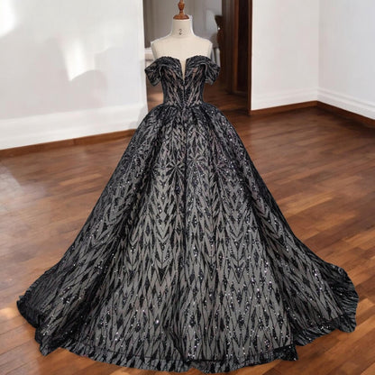 Elegant Black Luxury Sequin Ball Gown - Off Shoulder Corset Dress