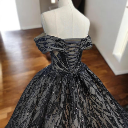 Elegant Black Luxury Sequin Ball Gown - Off Shoulder Corset Dress