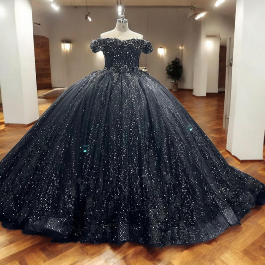 Luxurious Black Gown - Sparkling Off-Shoulder Ball Gown with Sequins and Lace Details