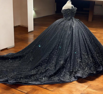 Luxurious Black Gown - Sparkling Off-Shoulder Ball Gown with Sequins and Lace Details