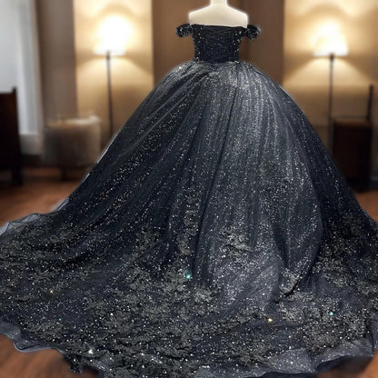 Luxurious Black Gown - Sparkling Off-Shoulder Ball Gown with Sequins and Lace Details