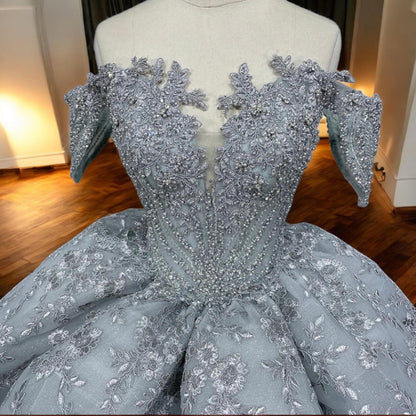 Elegant Gray Beaded Ball Gown | Off-Shoulder Dress | Luxury Floral Embroidered Evening Gown