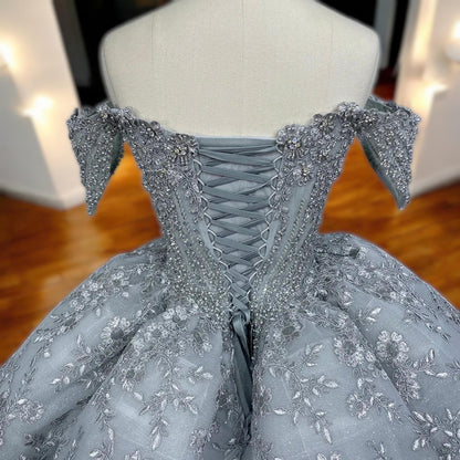 Elegant Gray Beaded Ball Gown | Off-Shoulder Dress | Luxury Floral Embroidered Evening Gown