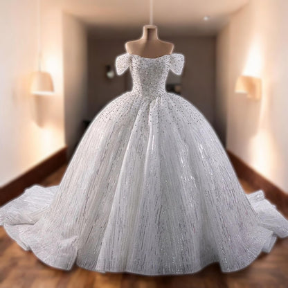 Luxury Beaded Ball Gown Wedding Dress - Breathtaking Off-Shoulder Ball Gown – Glamorous Bridal Gown for Elegant Celebration