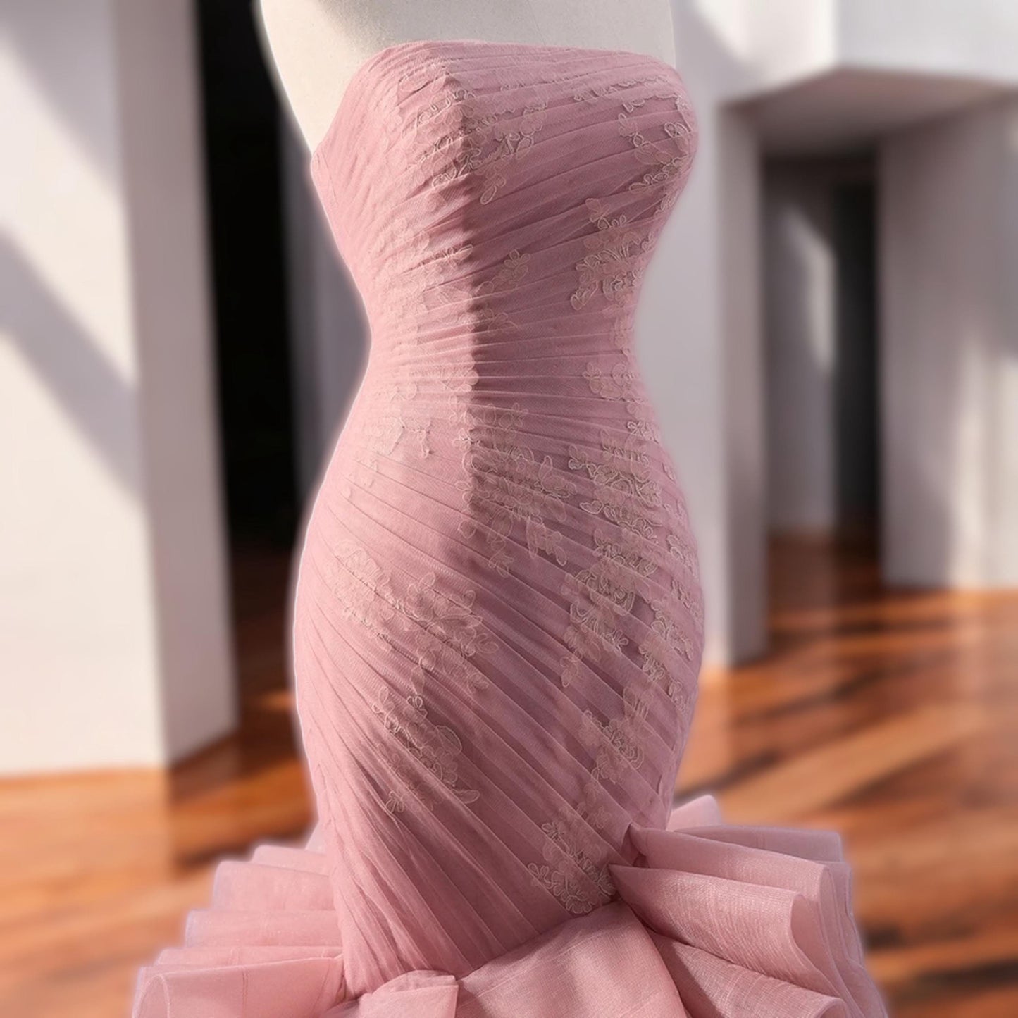 Romantic Blush Pink Mermaid Evening Gown – Layered Tulle Train & Lace-Up Back Dress - Elegant Formal Dress