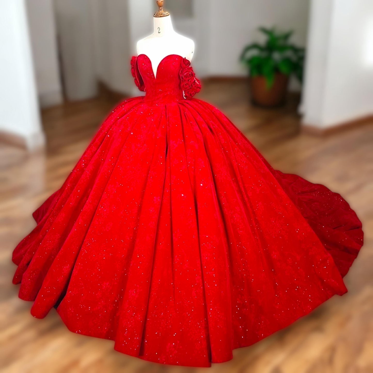 Luxury Red Ball Gown with Rose Embellishments - Glamorous Sparkling Off Shoulder Dress - Luxurious Custom Dress