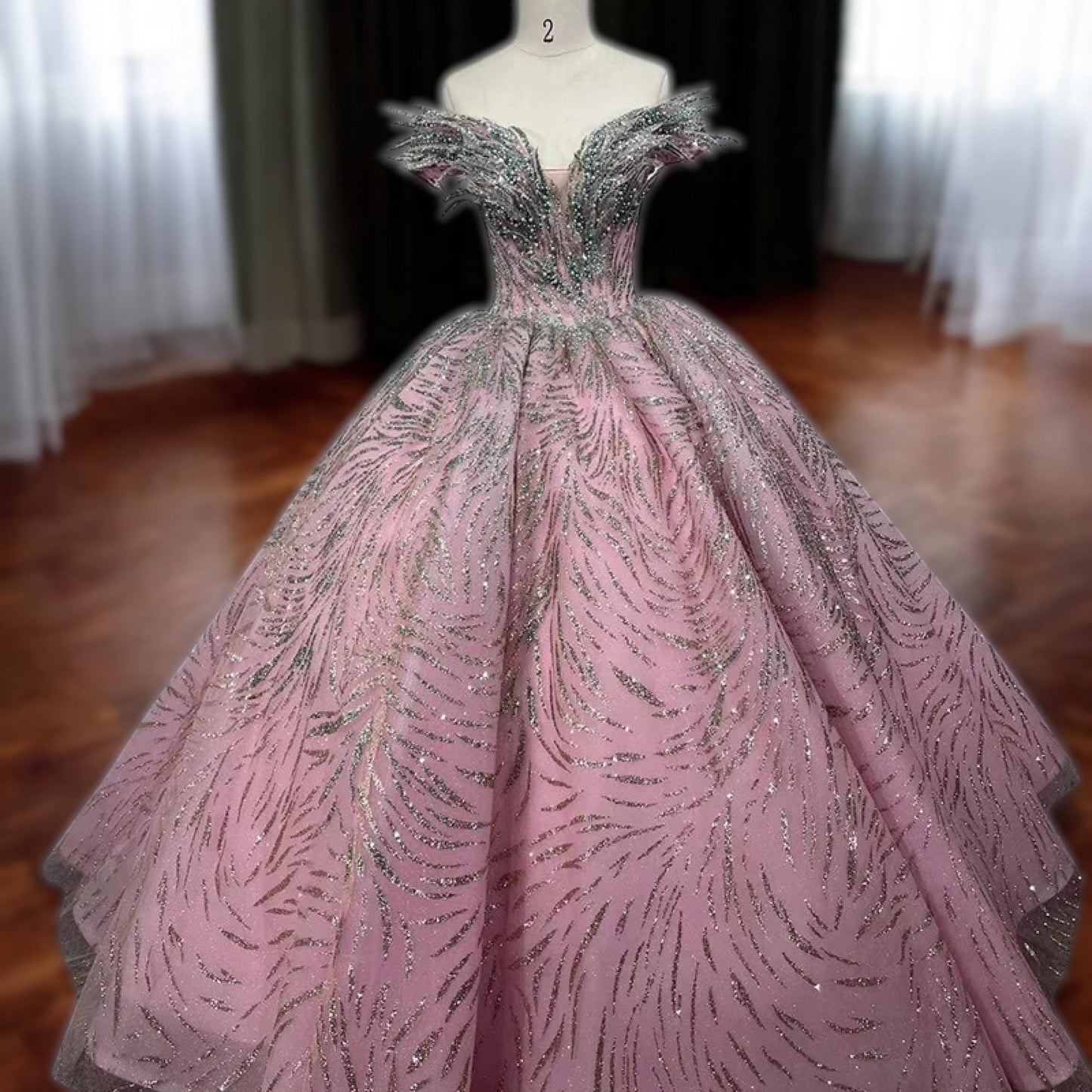 Luxurious Pink Feather-Inspired Ball Gown – Intricate feather-inspired Embellishments Dress - Custom Luxury Gown