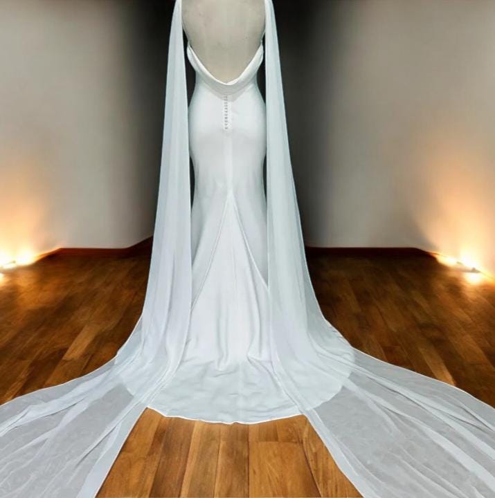 Elegant Satin Mermaid Wedding Dress, Detachable Cape Wedding Dress, and Deep V Back Bridal Gown - Simple Bridal Gown"