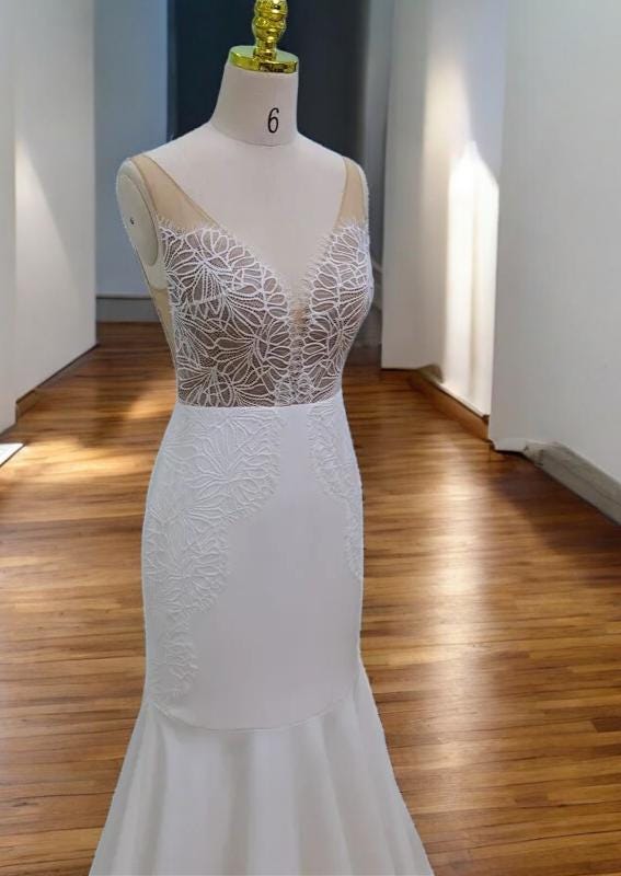 Illusion V-Neck Lace Mermaid Wedding Dress, Open Back Bridal Gown, Button Train Wedding Gown