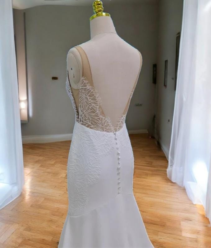 Illusion V-Neck Lace Mermaid Wedding Dress, Open Back Bridal Gown, Button Train Wedding Gown