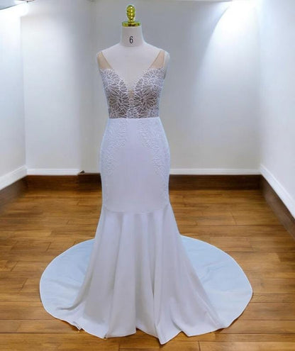 Illusion V-Neck Lace Mermaid Wedding Dress, Open Back Bridal Gown, Button Train Wedding Gown