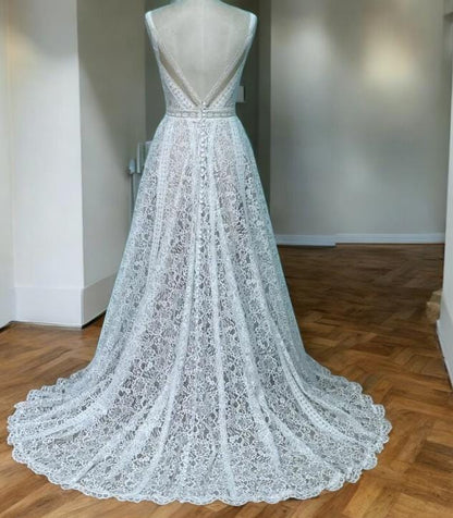 Boho Lace Wedding Dress - A-Line Bridal Gown - Deep V-Neck Gown - Open Back Lace Dress - Elegant Wedding Attire - Rustic Bride Look