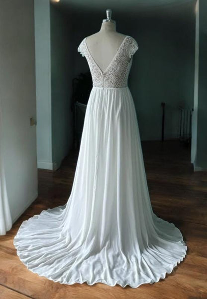 Boho Lace Wedding Dress | V-Neck Bridal Gown | Cap Sleeve Wedding Gown | A-Line Wedding Dress | Simple Wedding Gown | Floor-Length Dress