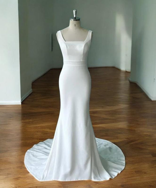 Elegant Satin Mermaid Wedding Dress | Minimalist Bridal Gown | Sleek Fit & Flare Bridal Dress | Open Back Wedding Gown | Plus Size Bride