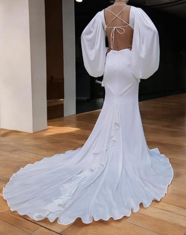 Balloon Sleeve Wedding Dress | Bohemian Open Back Bridal Gown | Cutout Silk Wedding Dress