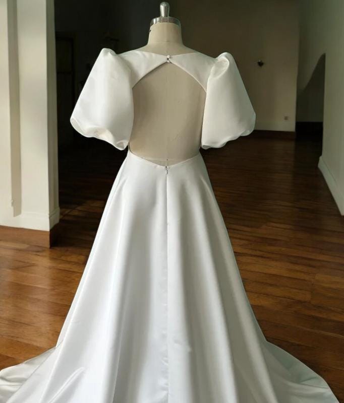 Satin A-Line Wedding Dress with Pocket | Puff Sleeve Bridal Gown | Open Back Wedding Gown | Simple Elegant Wedding Dress | Modern Satin Gown