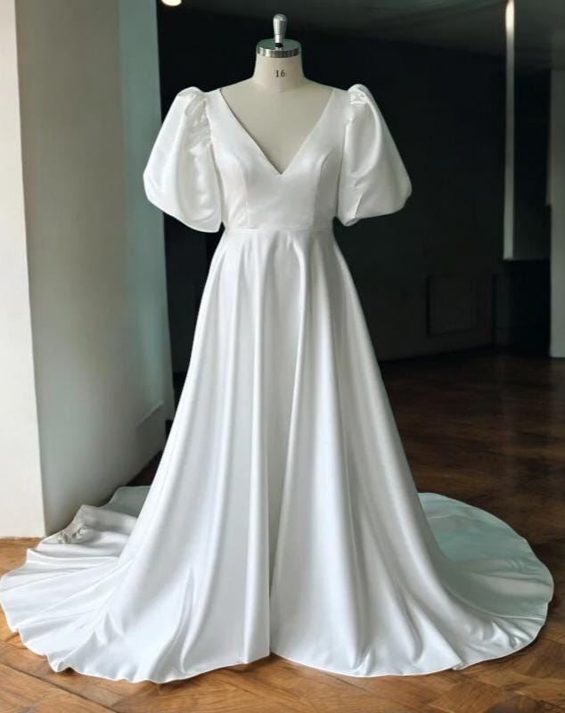 Satin A-Line Wedding Dress with Pocket | Puff Sleeve Bridal Gown | Open Back Wedding Gown | Simple Elegant Wedding Dress | Modern Satin Gown