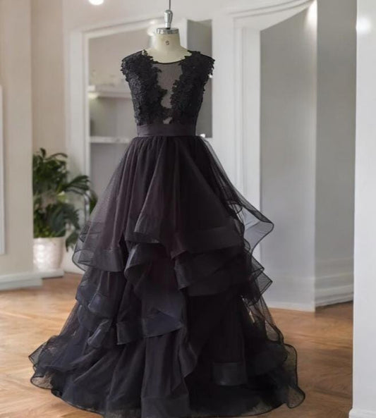 Black Tulle Layered Wedding Dress | Gothic Inspired Wedding Gown | Black Lace Bridal Dress | Custom Black Wedding Gown | Black Evening Dress