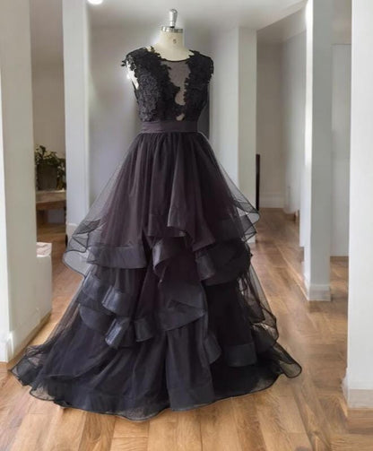 Black Tulle Layered Wedding Dress | Gothic Inspired Wedding Gown | Black Lace Bridal Dress | Custom Black Wedding Gown | Black Evening Dress