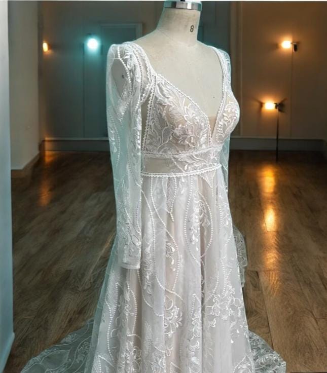 Lace Detachable Sleeve Wedding Dress | Boho Bridal Gown with Deep V Neckline | Sheer A-Line Wedding Dress | Open Back Lace Wedding Gown