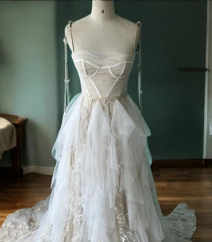 Ethereal Bohemian Wedding Dress with Detachable Straps | Tiered Tulle Bridal Gown | Romantic Wedding Dress | Vintage Inspired Wedding Gown