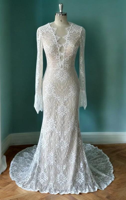 Lace Mermaid Wedding Gown | Long Sleeve Bridal Dress | Vintage Inspired Lace Dress | Fitted Lace Wedding Gown | Sheer Lace Mermaid Gown