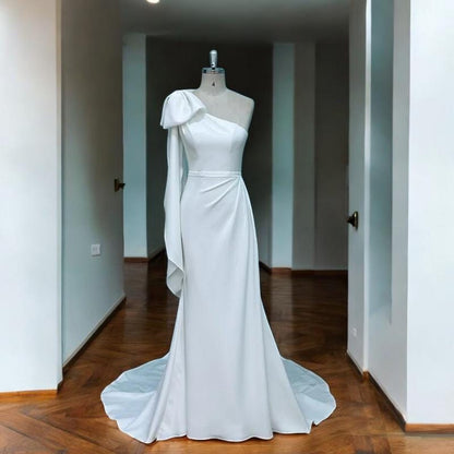 One-Shoulder Wedding Dress | Asymmetrical Bridal Gown | Satin Wedding Gown | Elegant Wedding Dress with Train | Unique custom Wedding Dress