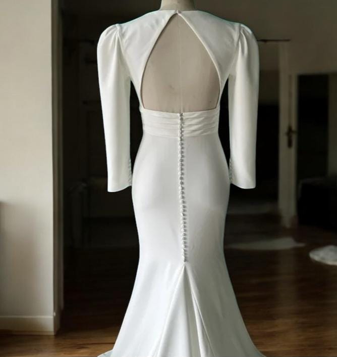 Long Sleeve Satin Wedding Gown | Open Back Bridal Dress | Plunging Neckline Elegant Dress | Fitted Mermaid Wedding Dress