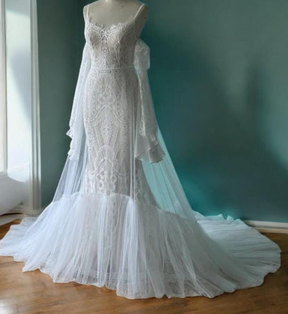 Boho Lace Wedding Dress | Mermaid Lace Bridal Gown | Detachable Tassel Sleeves and Skirt Wedding Gown | Custom Handmade Dress