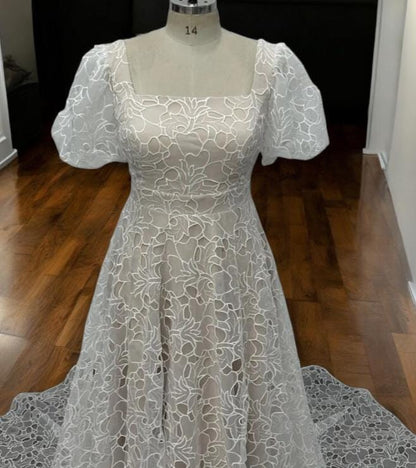 Lace A-Line Wedding Dress | Floral Lace Wedding Gown | Short Sleeve Bridal Gown | Boho Wedding Dress with Train | Open Back Lace Dress