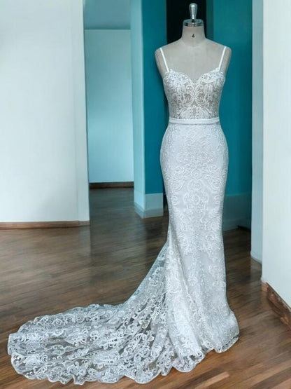 Elegant Sequin Lace Mermaid Wedding Dress | Open Back Wedding Gown | Long Luxury Lace Train Dress | Lace Applique Wedding Gown