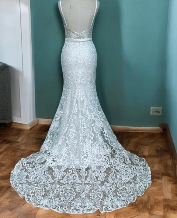 Elegant Sequin Lace Mermaid Wedding Dress | Open Back Wedding Gown | Long Luxury Lace Train Dress | Lace Applique Wedding Gown