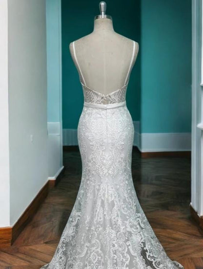 Elegant Sequin Lace Mermaid Wedding Dress | Open Back Wedding Gown | Long Luxury Lace Train Dress | Lace Applique Wedding Gown