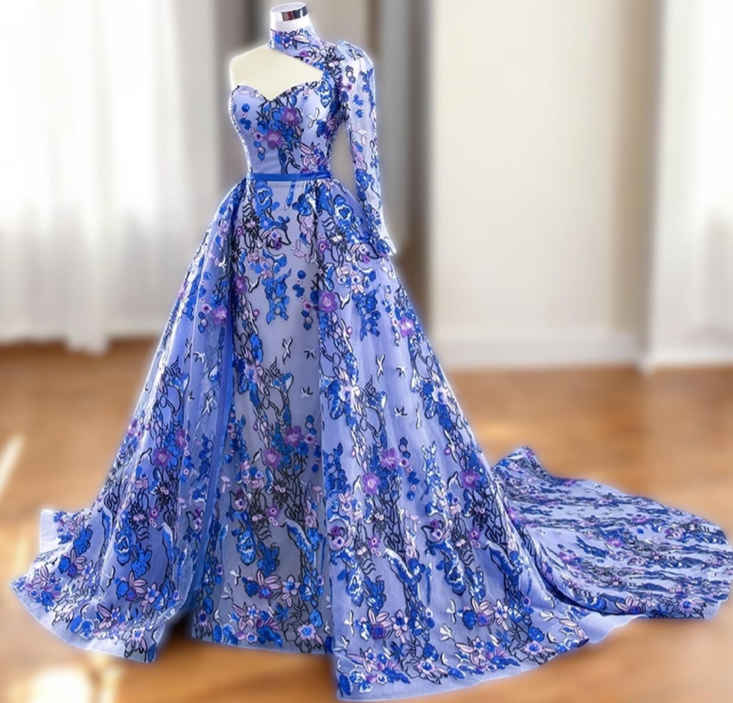 Luxury Embroidered Blue Wedding Dress | One-Shoulder Long Sleeve Floral Lace Dress | Glitter Tulle Skirt | Romantic Princess Bridal Gown