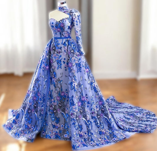 Luxury Embroidered Blue Wedding Dress | One-Shoulder Long Sleeve Floral Lace Dress | Glitter Tulle Skirt | Romantic Princess Bridal Gown